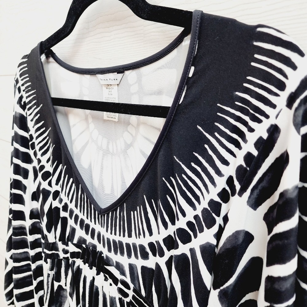 NWF Trina Turk Black White Geometric Empire Waist Butterfly Sleeve Top XS - Picture 3 of 9